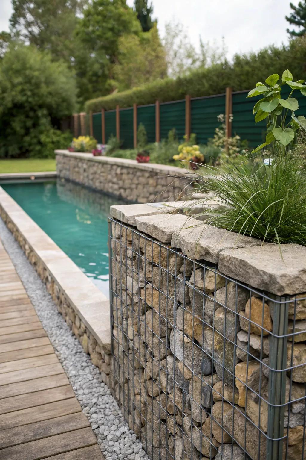 Gabion walls offer industrial charm and privacy.
