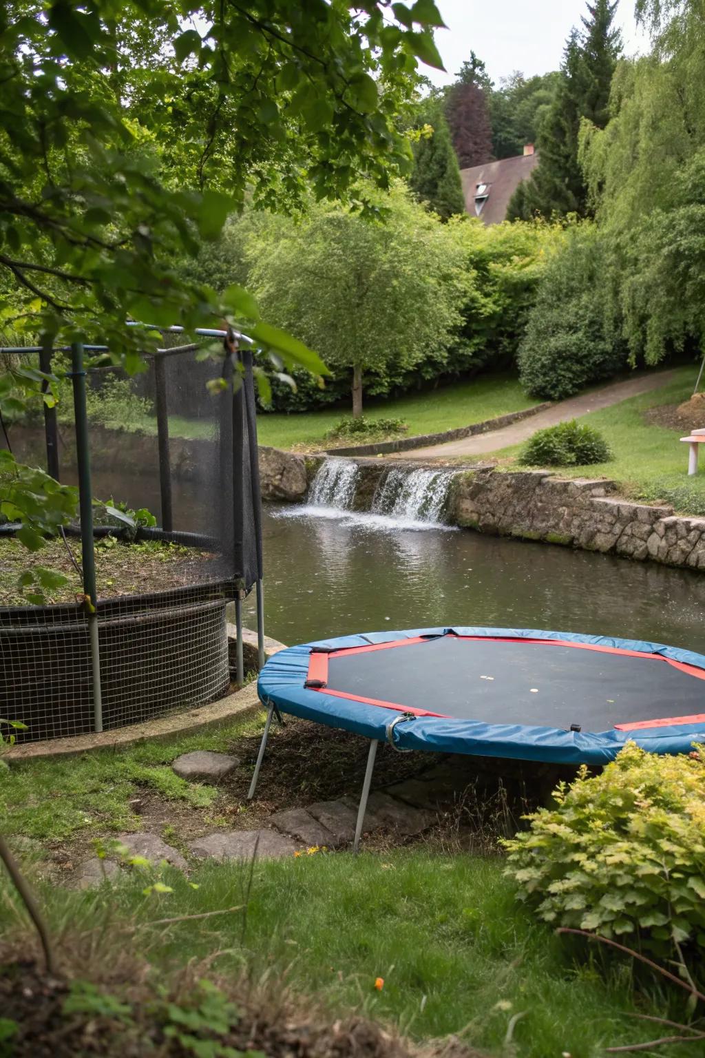 A water feature adds tranquility to your trampoline setup.