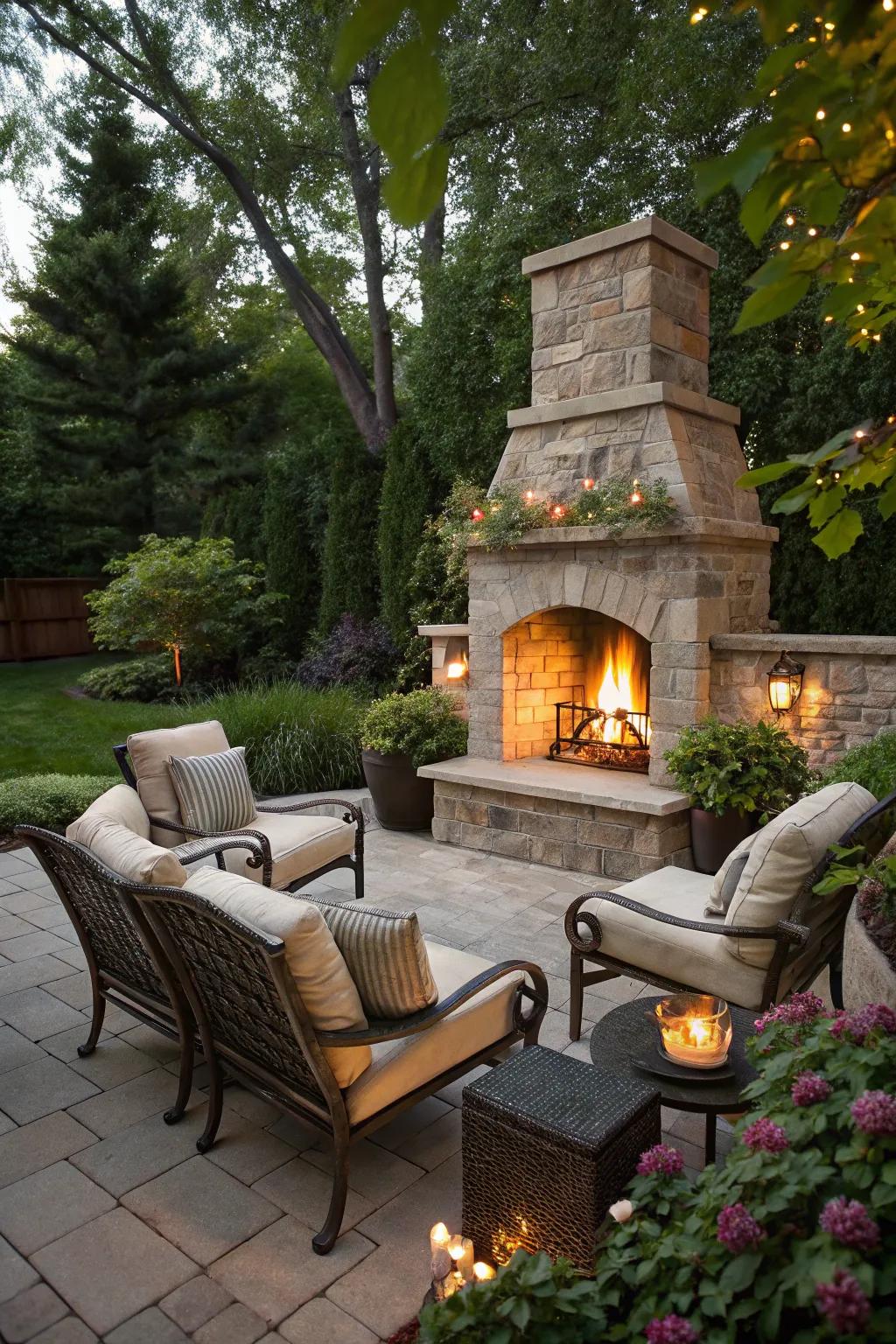 An outdoor fireplace creates a cozy focal point in a garden setting, perfect for socializing.