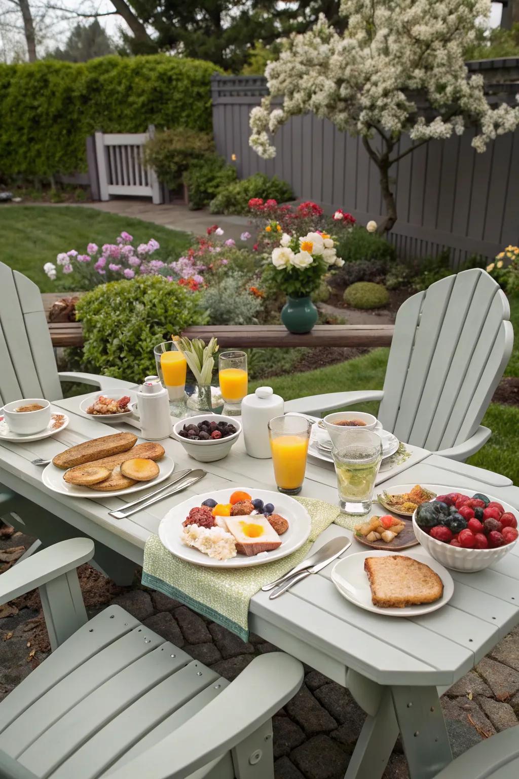 Adirondack chairs create a charming outdoor dining area.