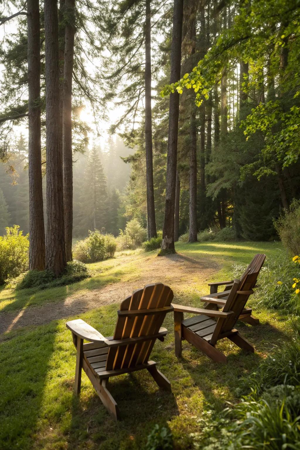 Adirondack chairs provide a peaceful retreat in the forest.