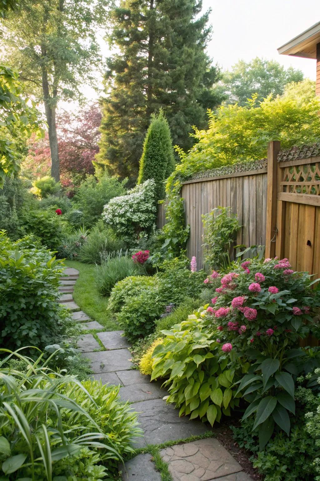 Lush, wild greenery creating a natural look in the backyard.