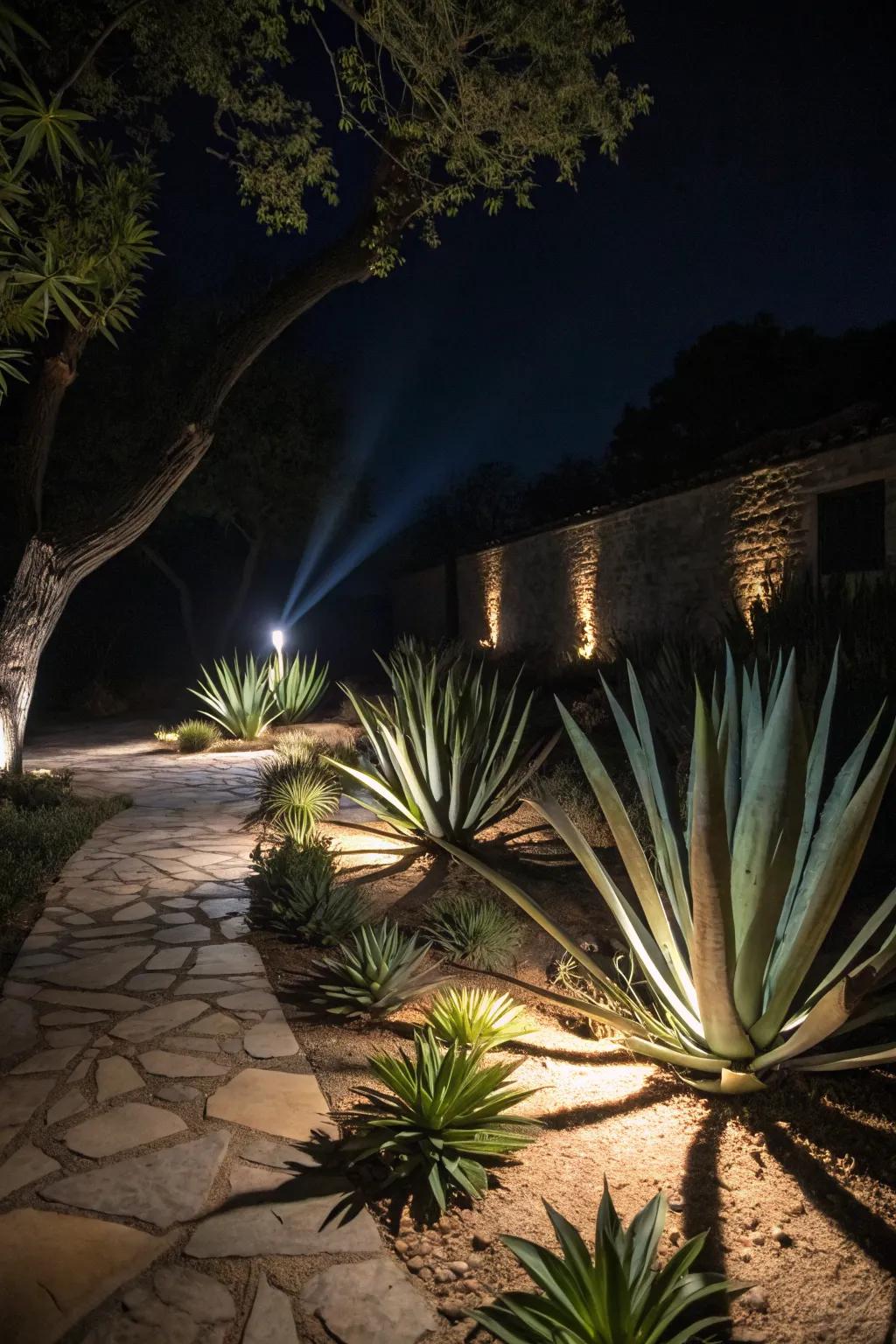 Dramatic nighttime lighting on agave plants.