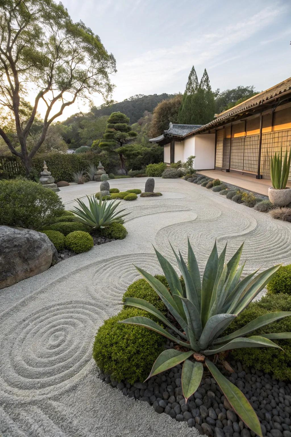 Agaves adding tranquility to a Zen garden.