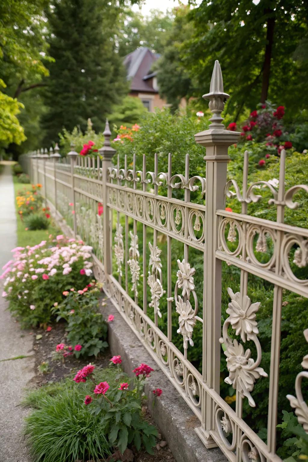 Whimsical nature: floral designs on aluminum fencing.