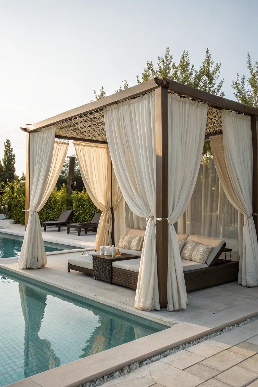 A luxurious pool cabana with airy fabrics, perfect for unwinding.