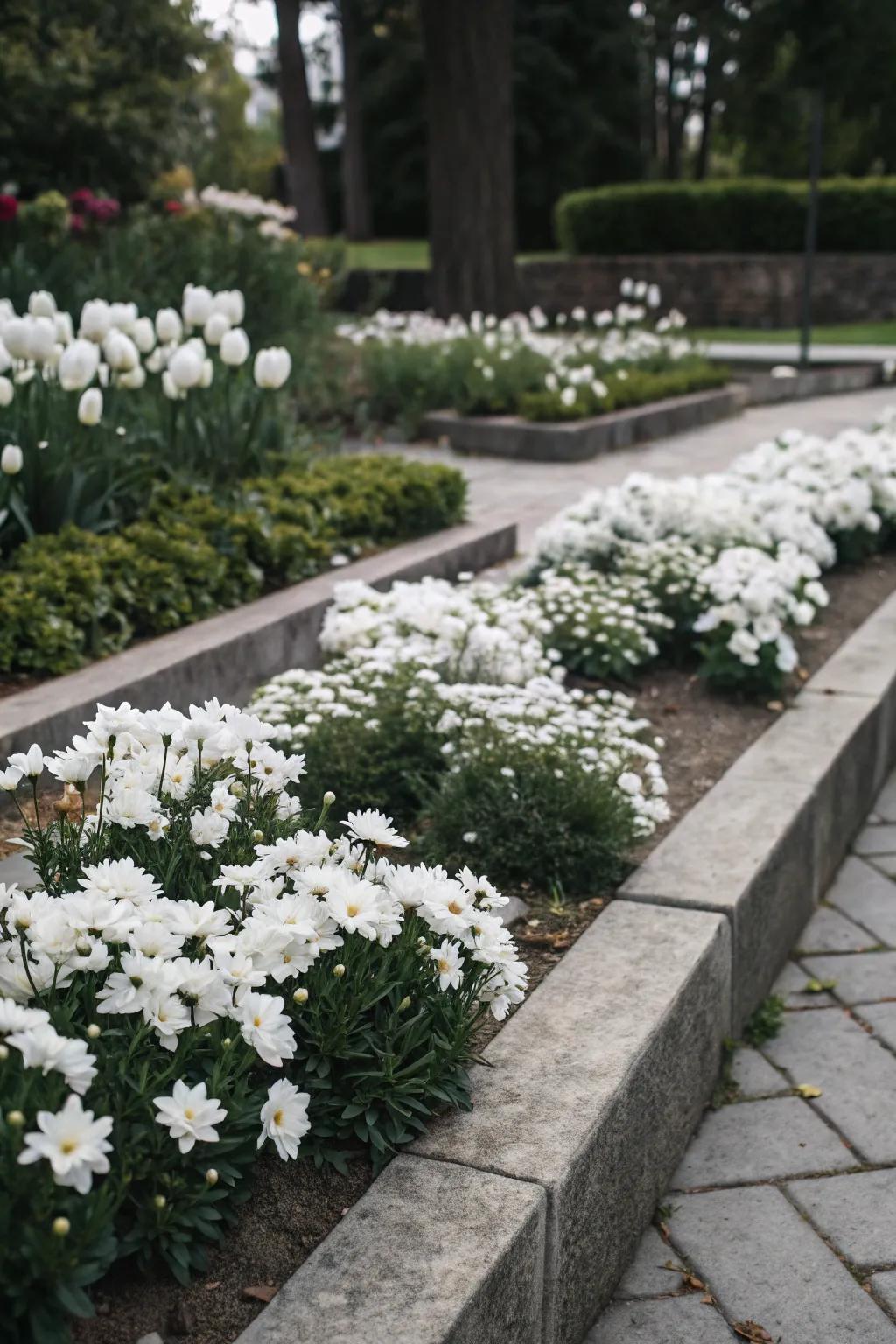 Striking monochrome marvel with pure white blooms.