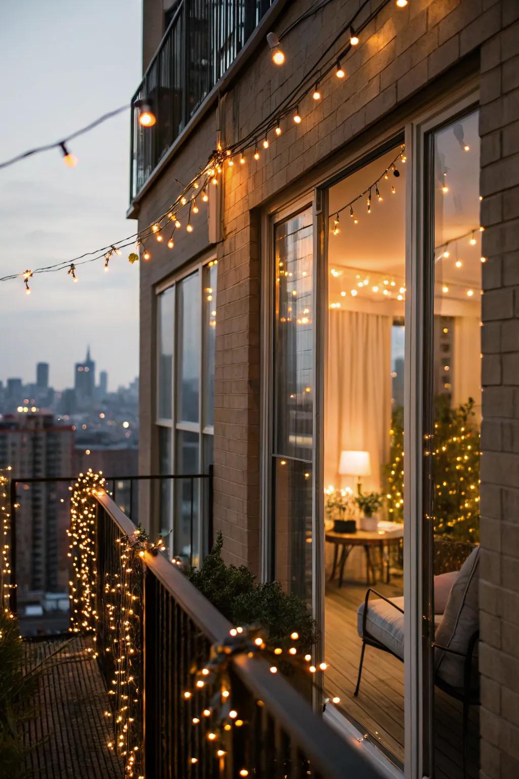 String lights framed around windows add an elegant glow.