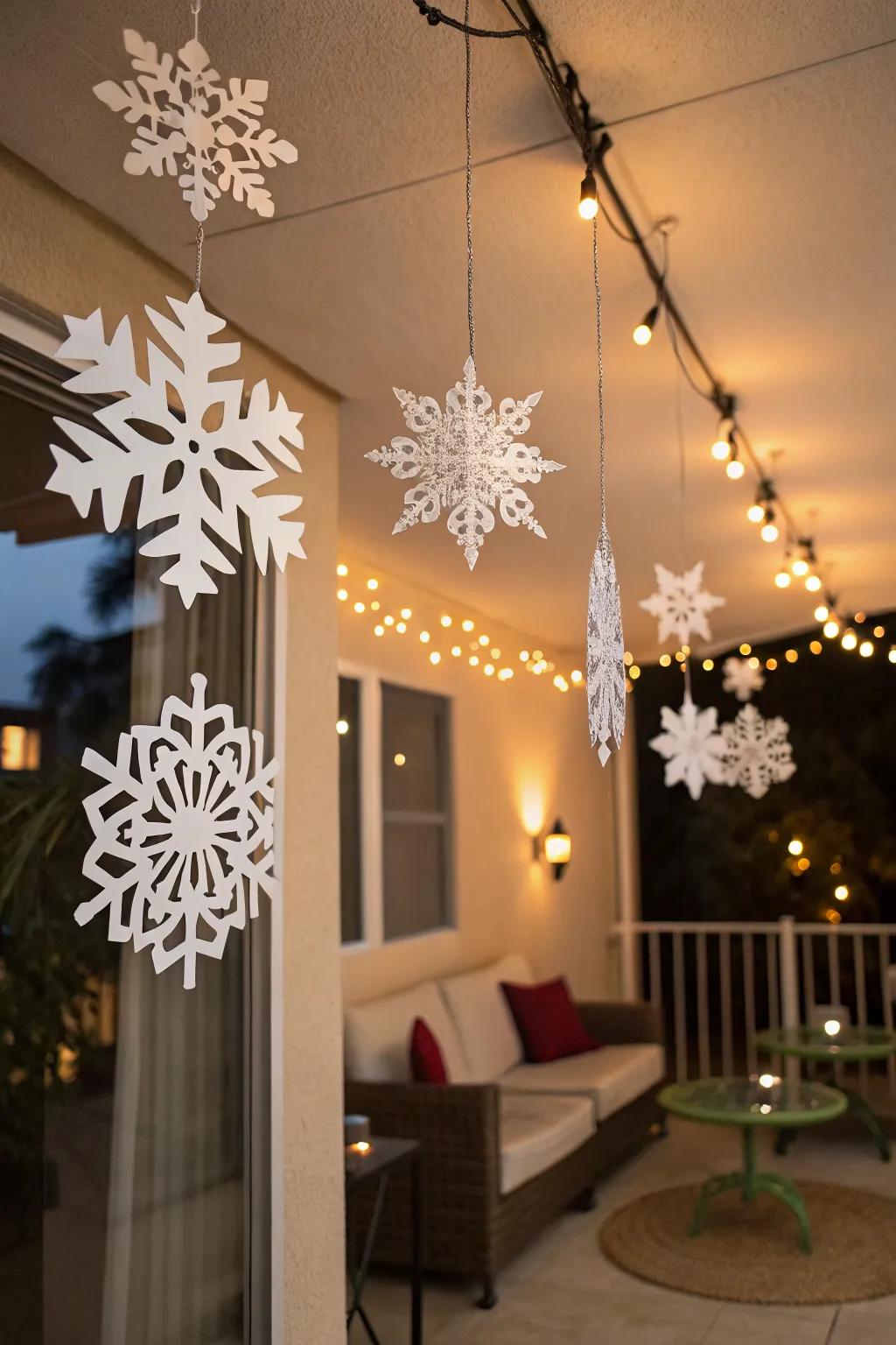 DIY snowflakes add a whimsical touch.