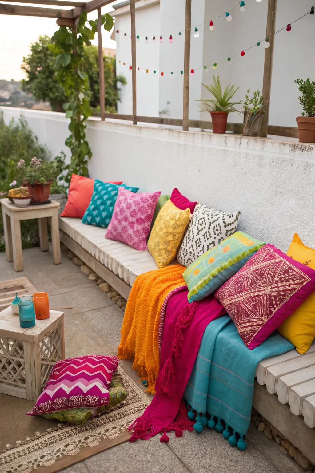 Colorful pillows and throws adding vibrancy and comfort to a small patio.