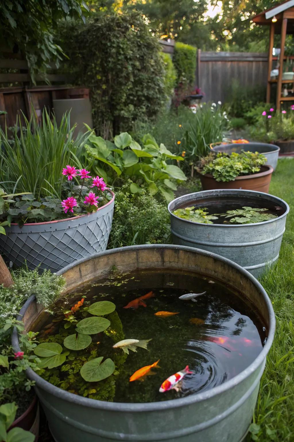 Upcycled container ponds, each with unique character.