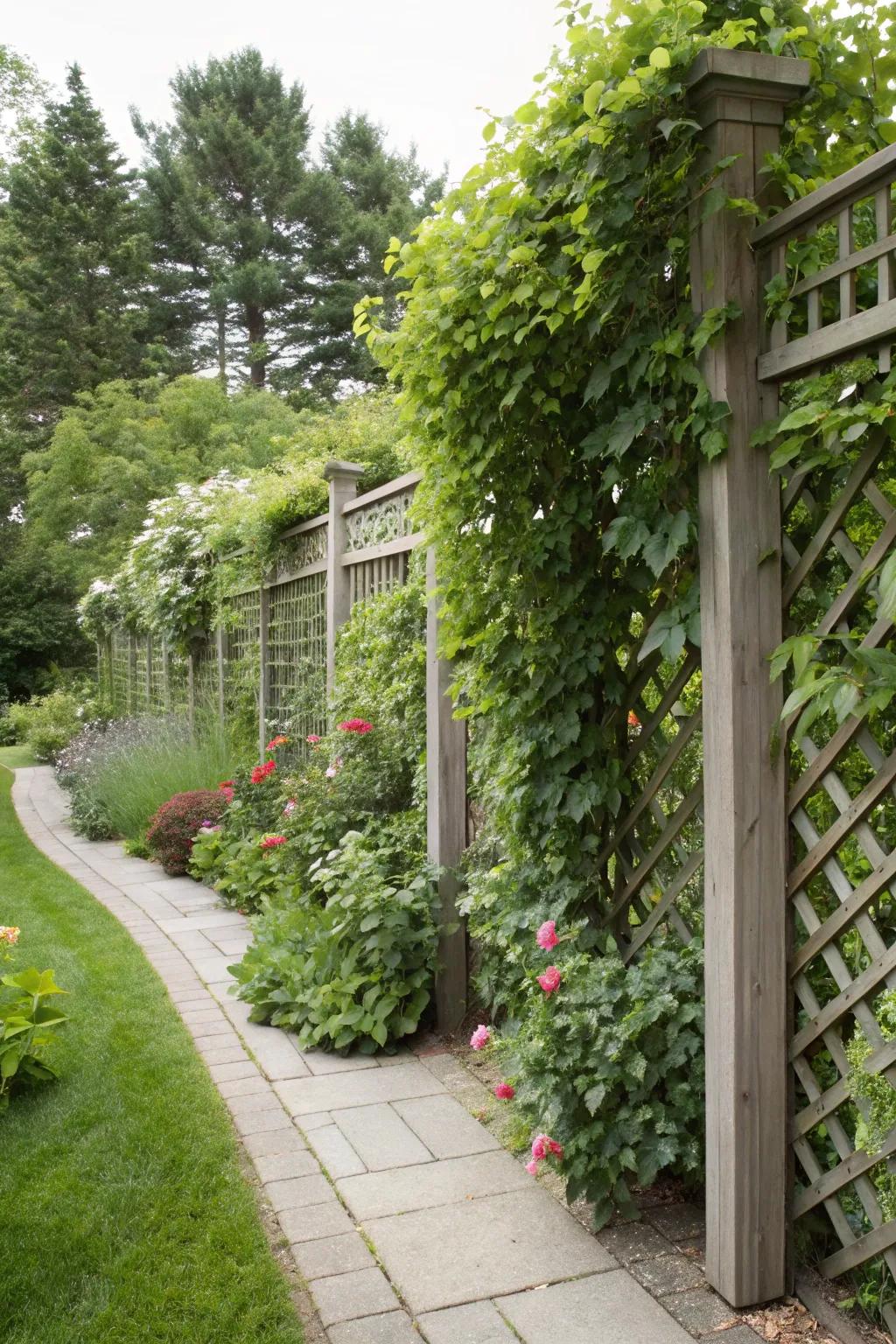 Living privacy screen trellis providing seclusion and greenery.