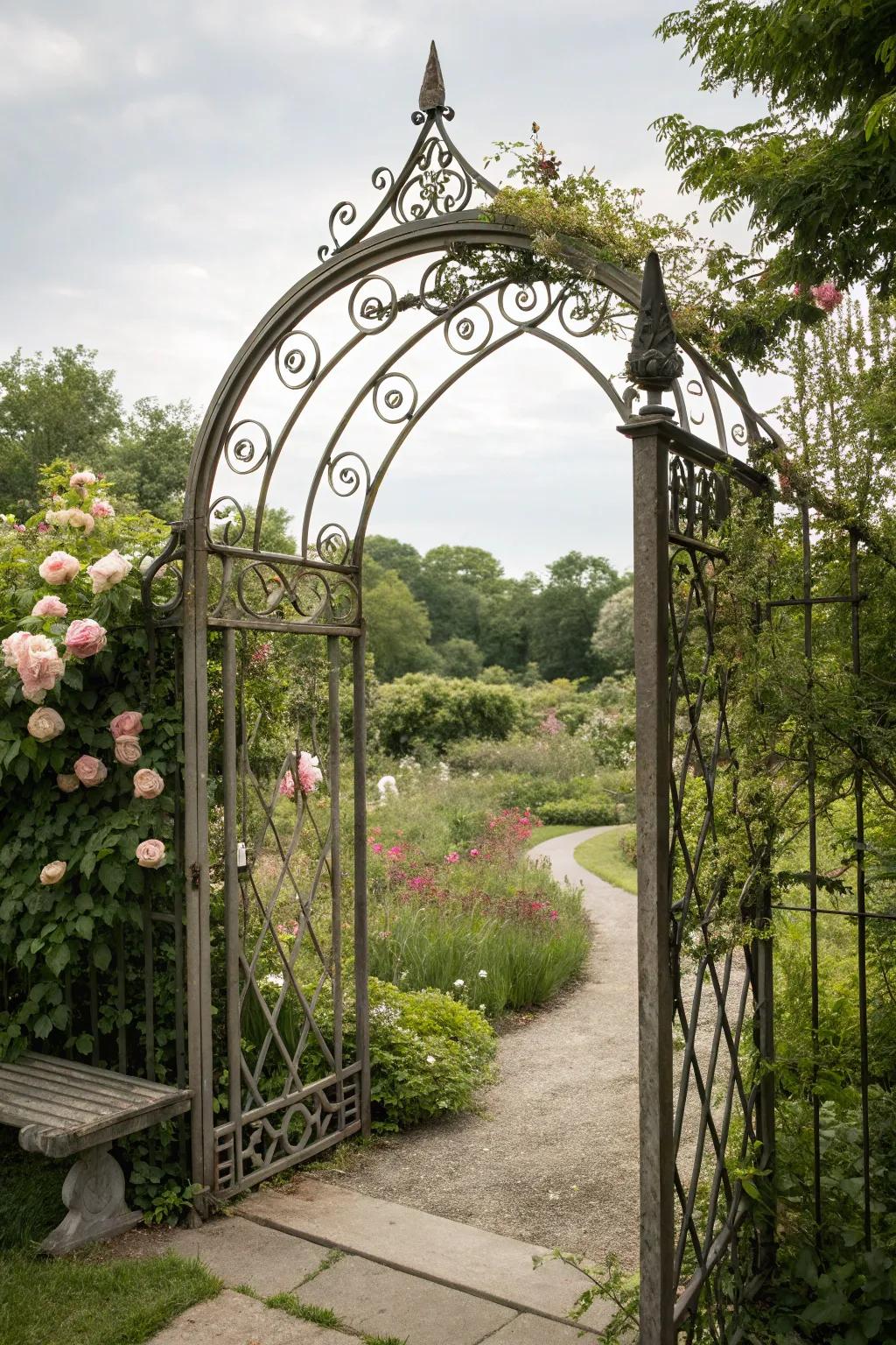 A Victorian-inspired gate with intricate curves for nostalgic charm.
