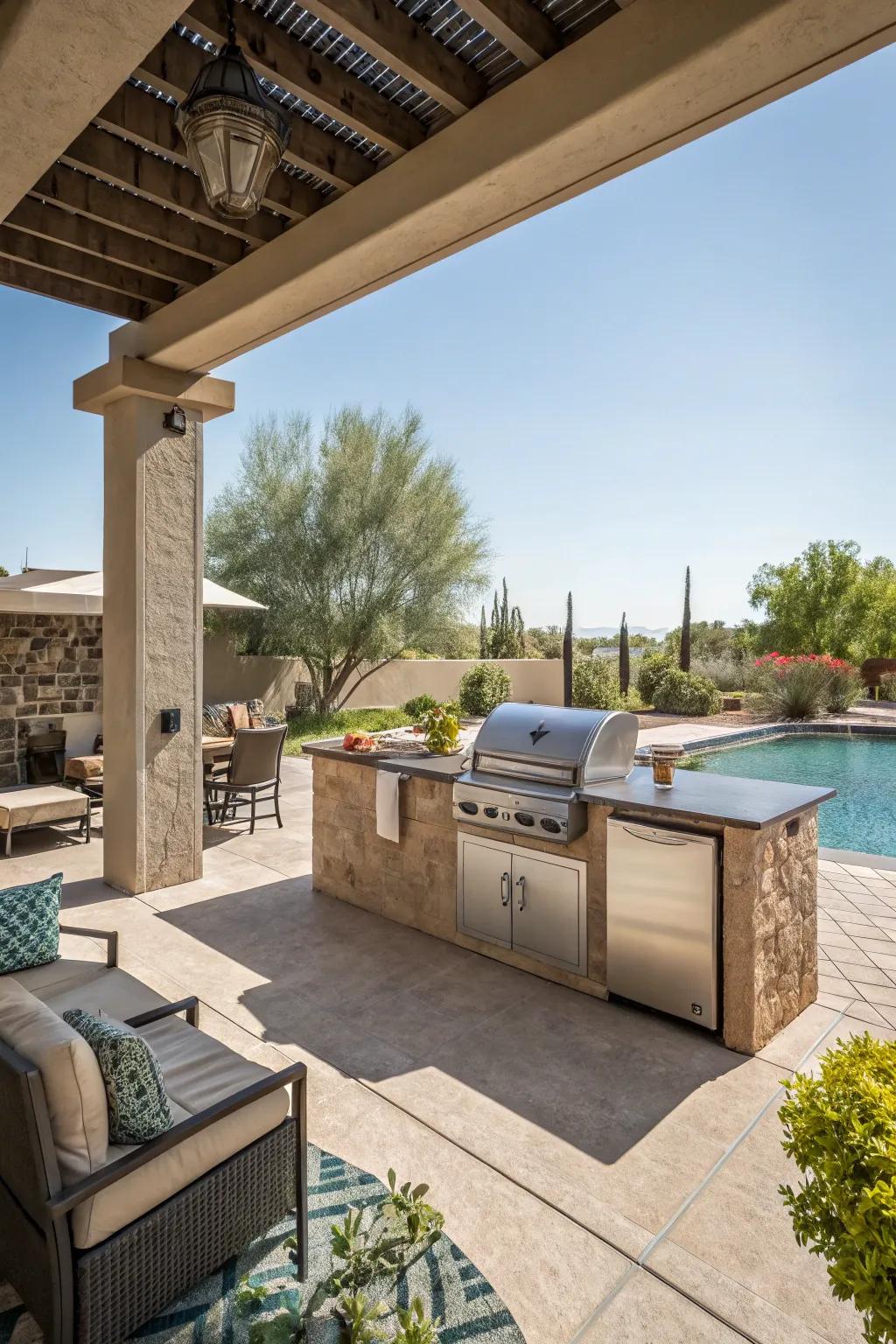 Outdoor kitchens make alfresco dining by the pool convenient and enjoyable.