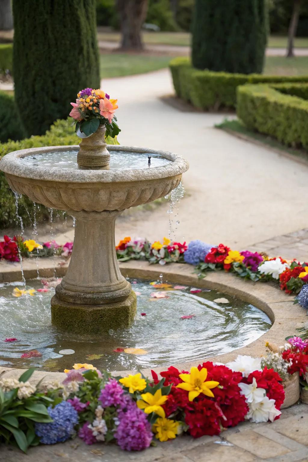 A tranquil garden scene with water features and artificial flowers.