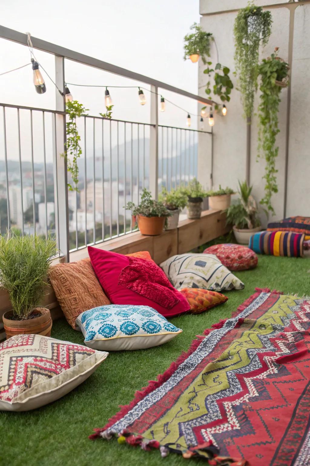 Create a bohemian paradise with layered textiles and artificial grass.