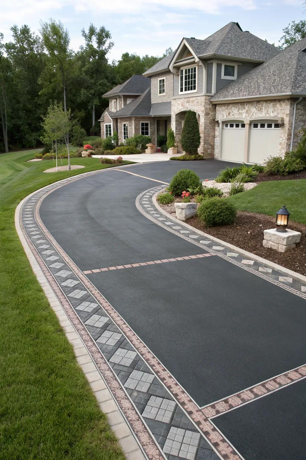 An asphalt driveway enhanced with decorative bands and borders.