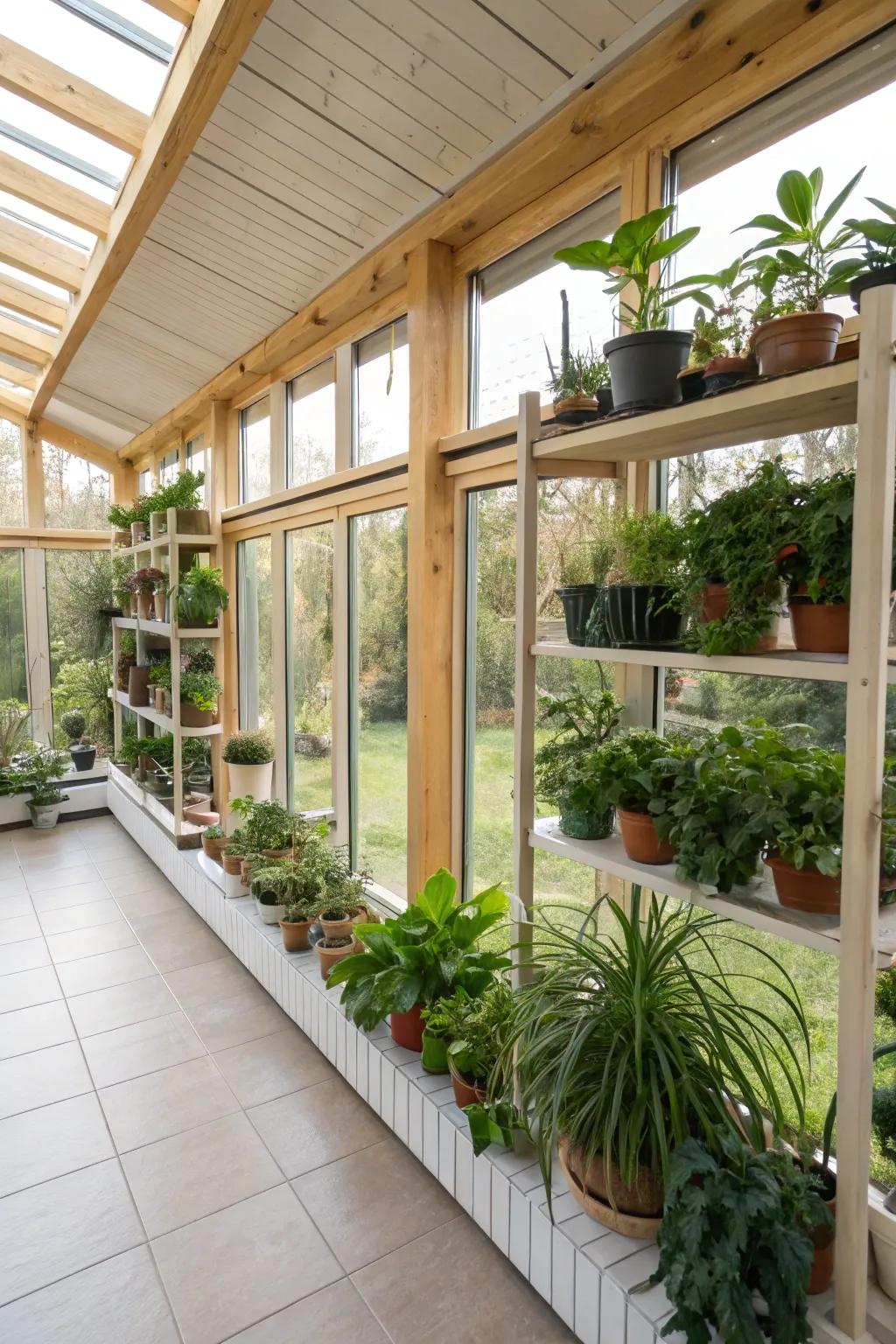An indoor greenhouse in a sunroom for year-round plant growth