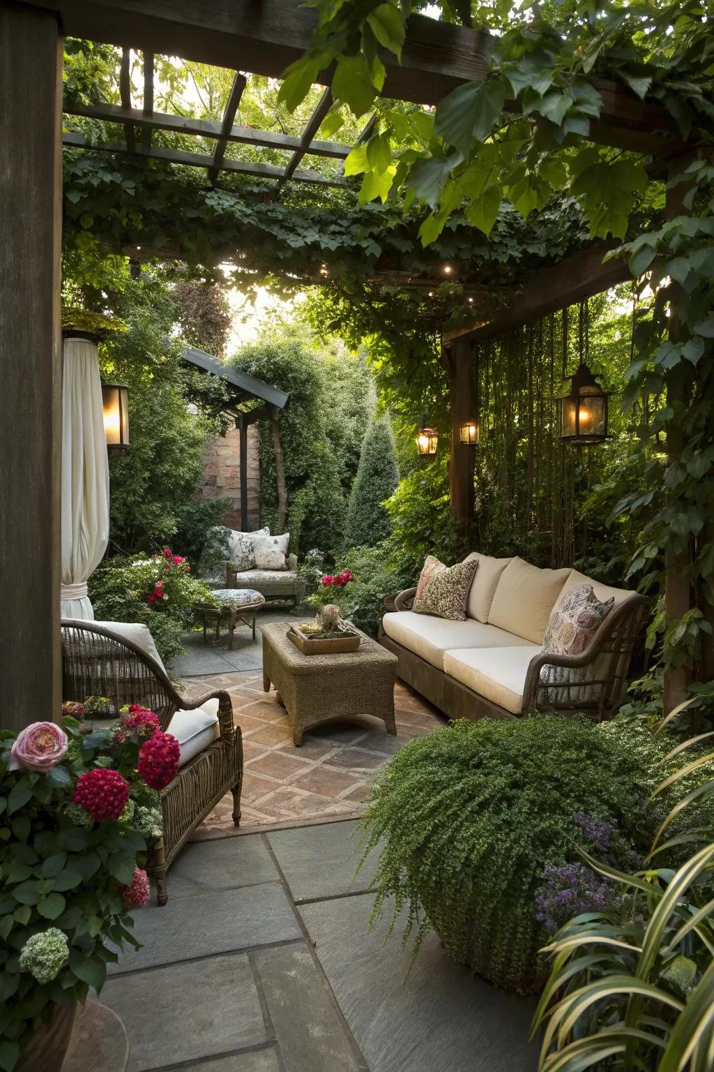 A secret garden patio that feels like a hidden paradise.