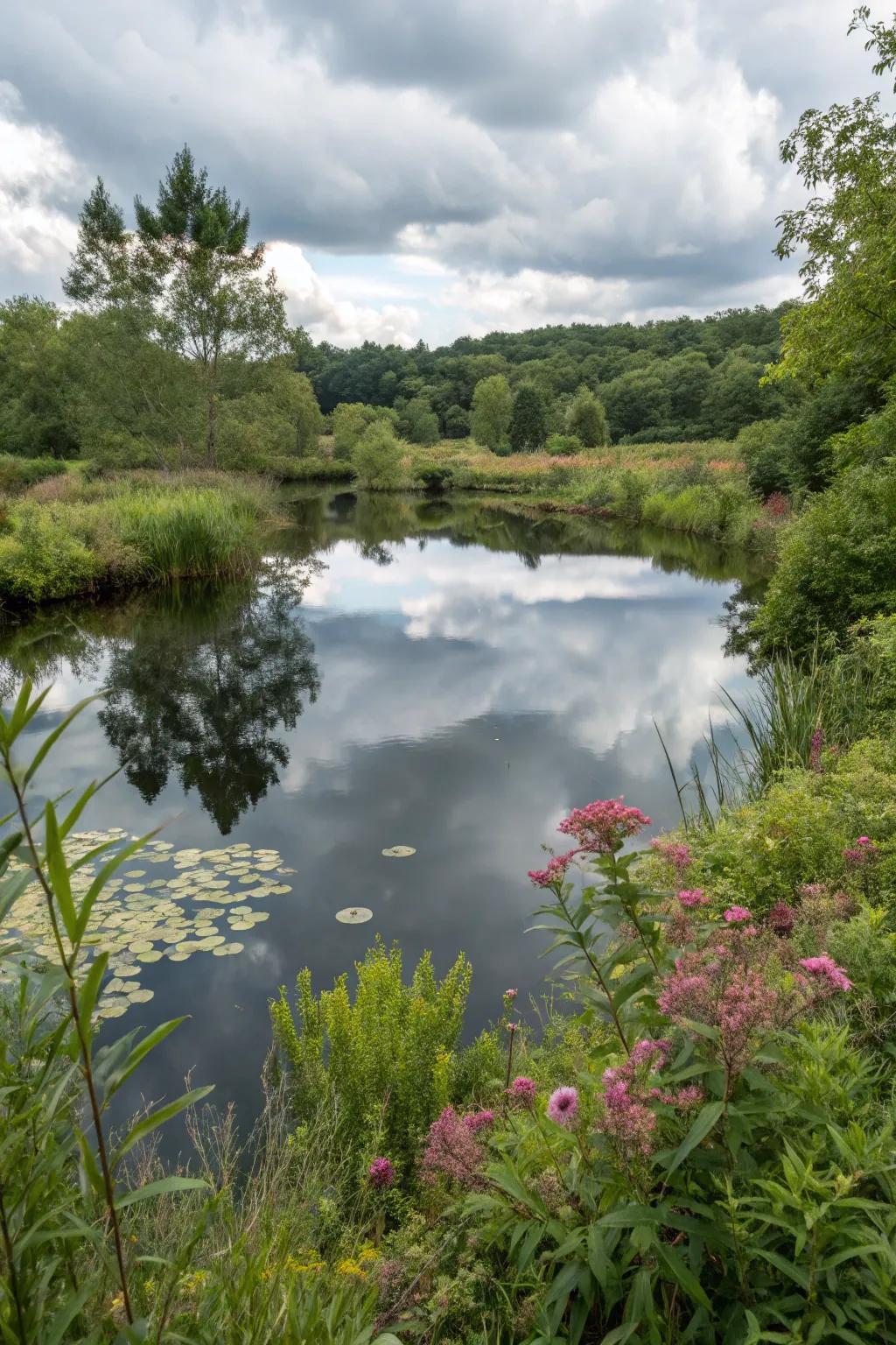 A reflective pond adding tranquility and depth to the garden.