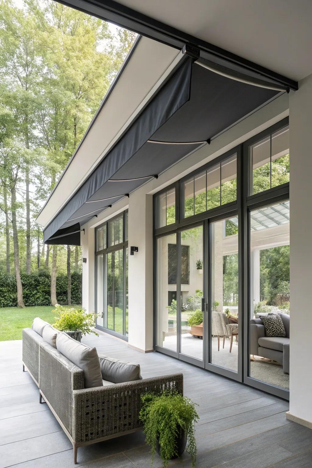 Chic charcoal awnings add a modern edge to this minimalist home.
