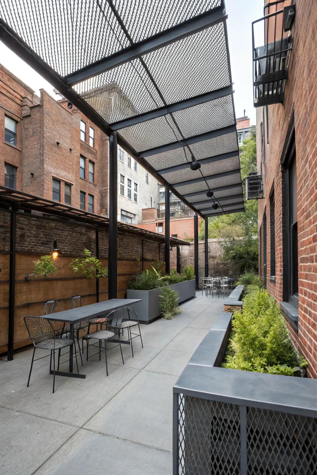 Metal mesh awnings provide a modern industrial touch.