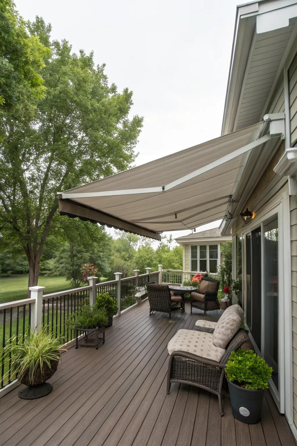 Retractable awnings provide adjustable coverage for your deck.