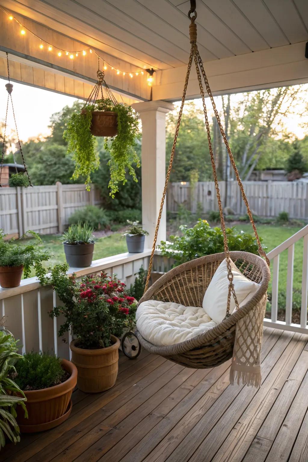 A back porch featuring a hanging swing chair for ultimate relaxation.