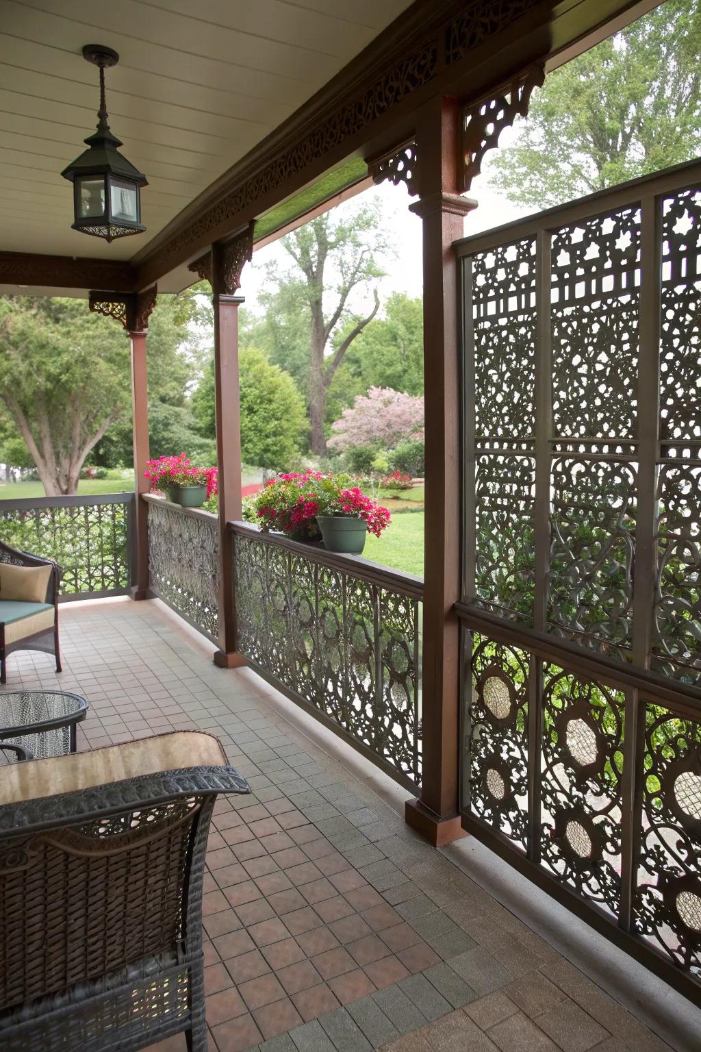 Patterned metal panels serve as functional art pieces on your porch.