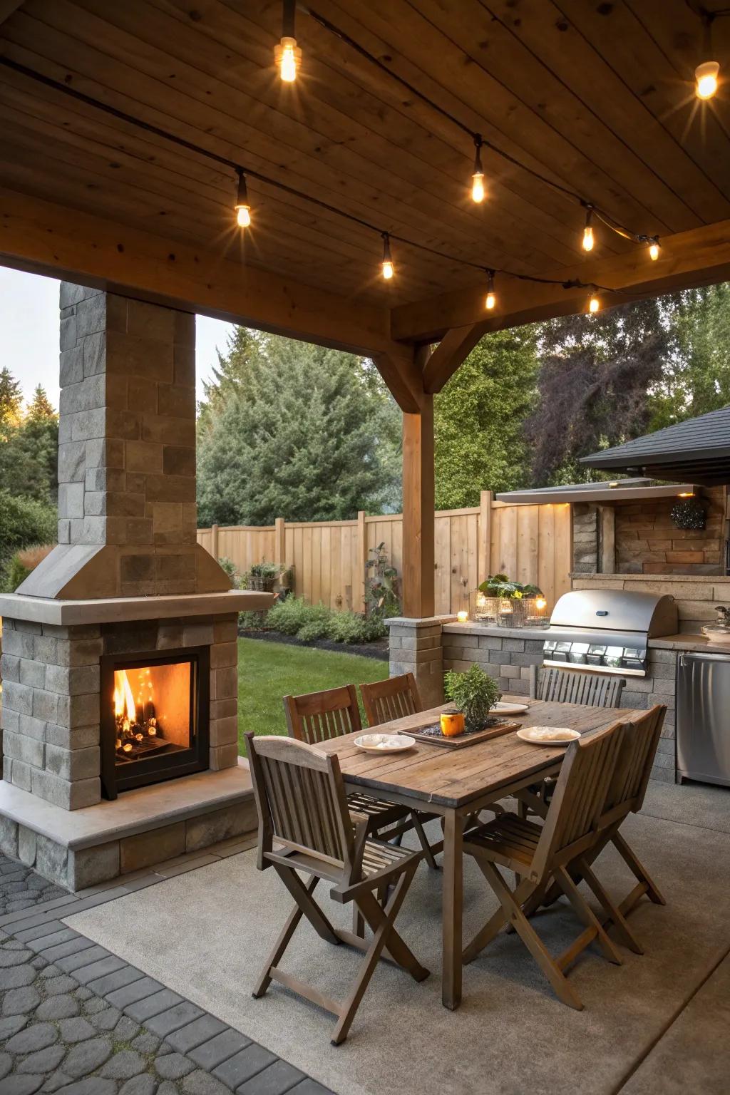 A multi-functional porch with a fireplace and cooking area.