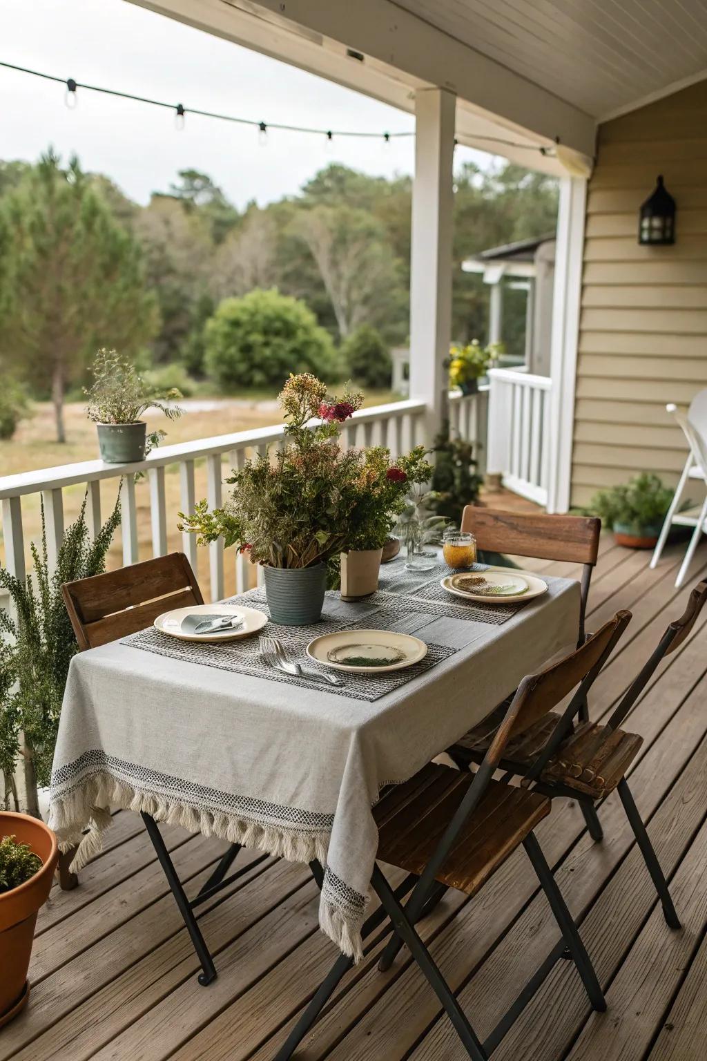 A foldable dining table offers flexible seating options.