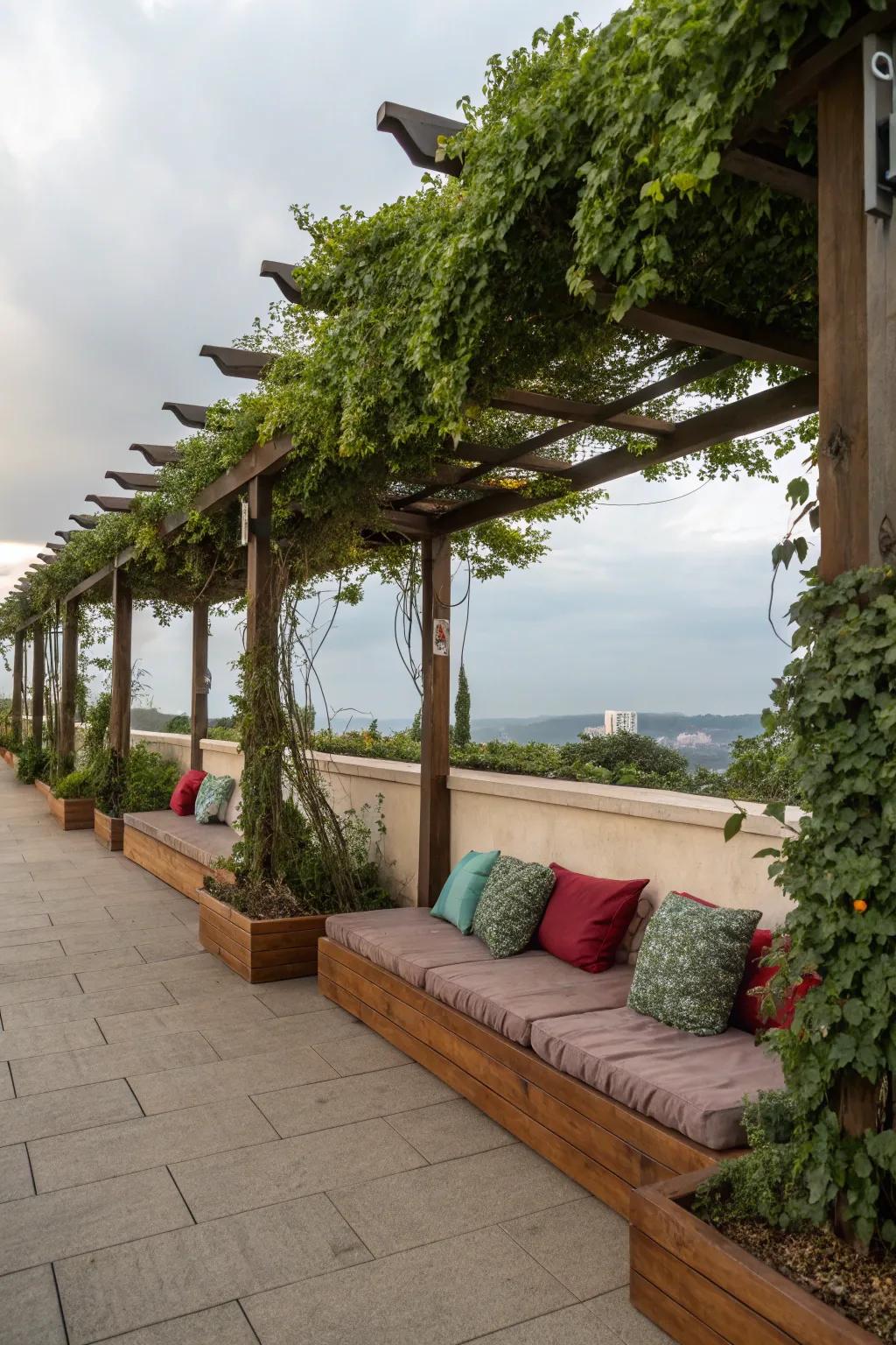 Functional built-in seating under a pergola.