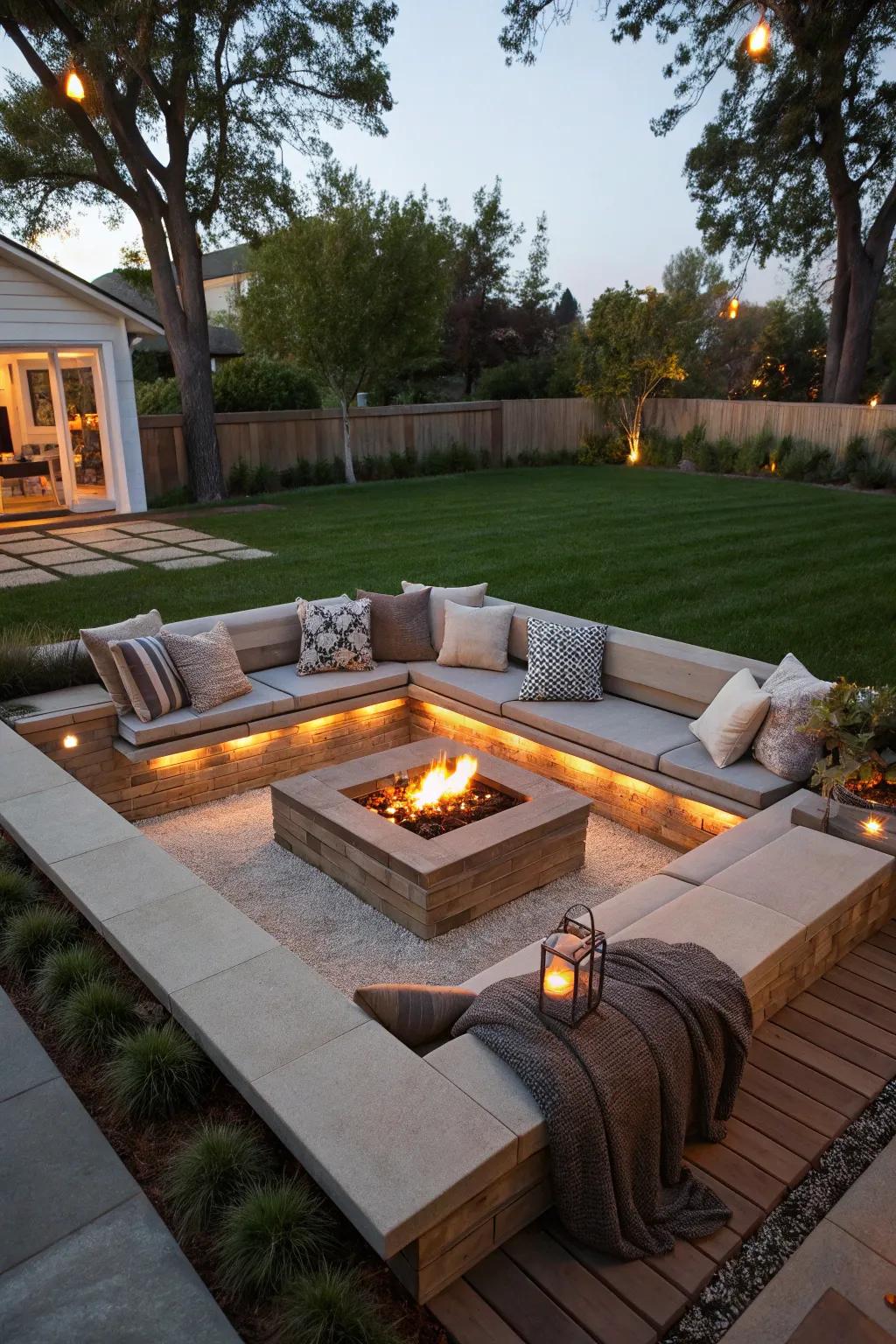 A cozy sunken lounge creating an intimate backyard retreat.