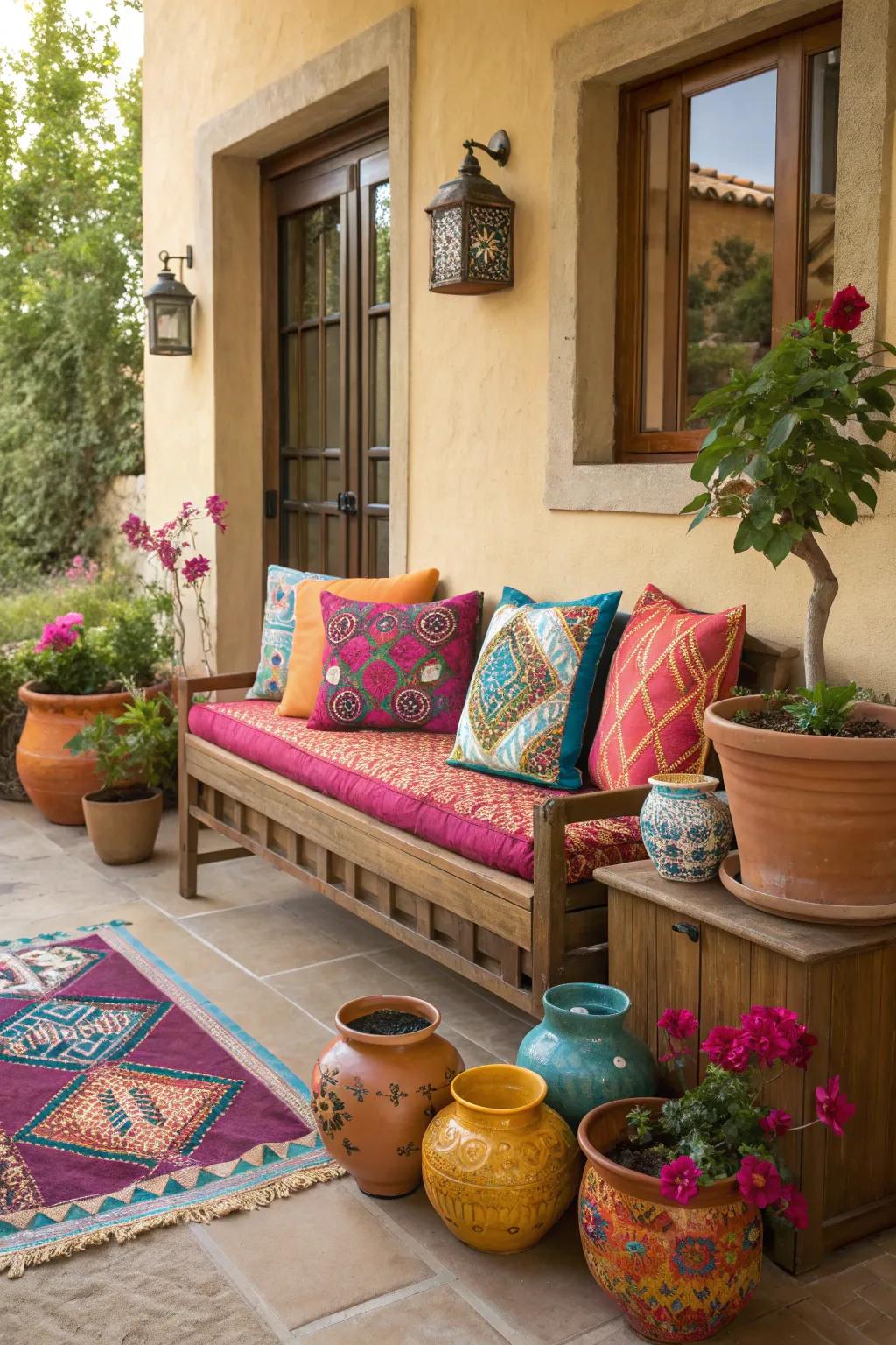 Colorful décor elements bring a lively vibe to the patio.
