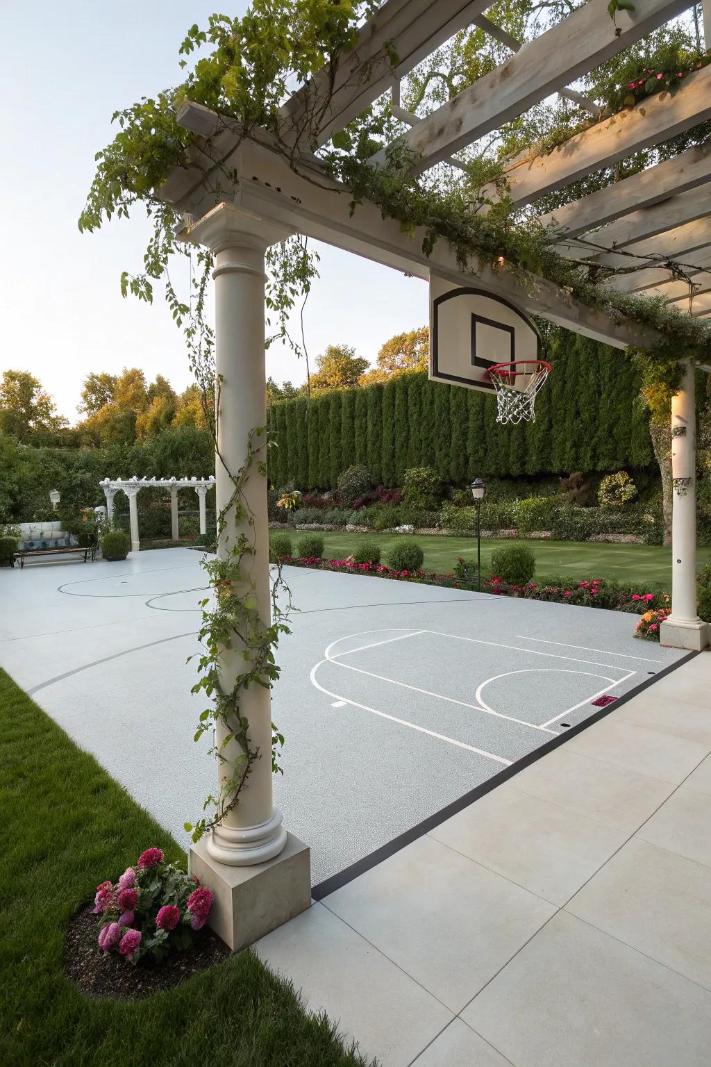 A luxury basketball court featuring a pergola and elegant seating.