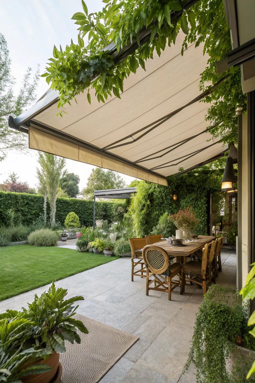 A retractable awning provides adaptable shade and protection.
