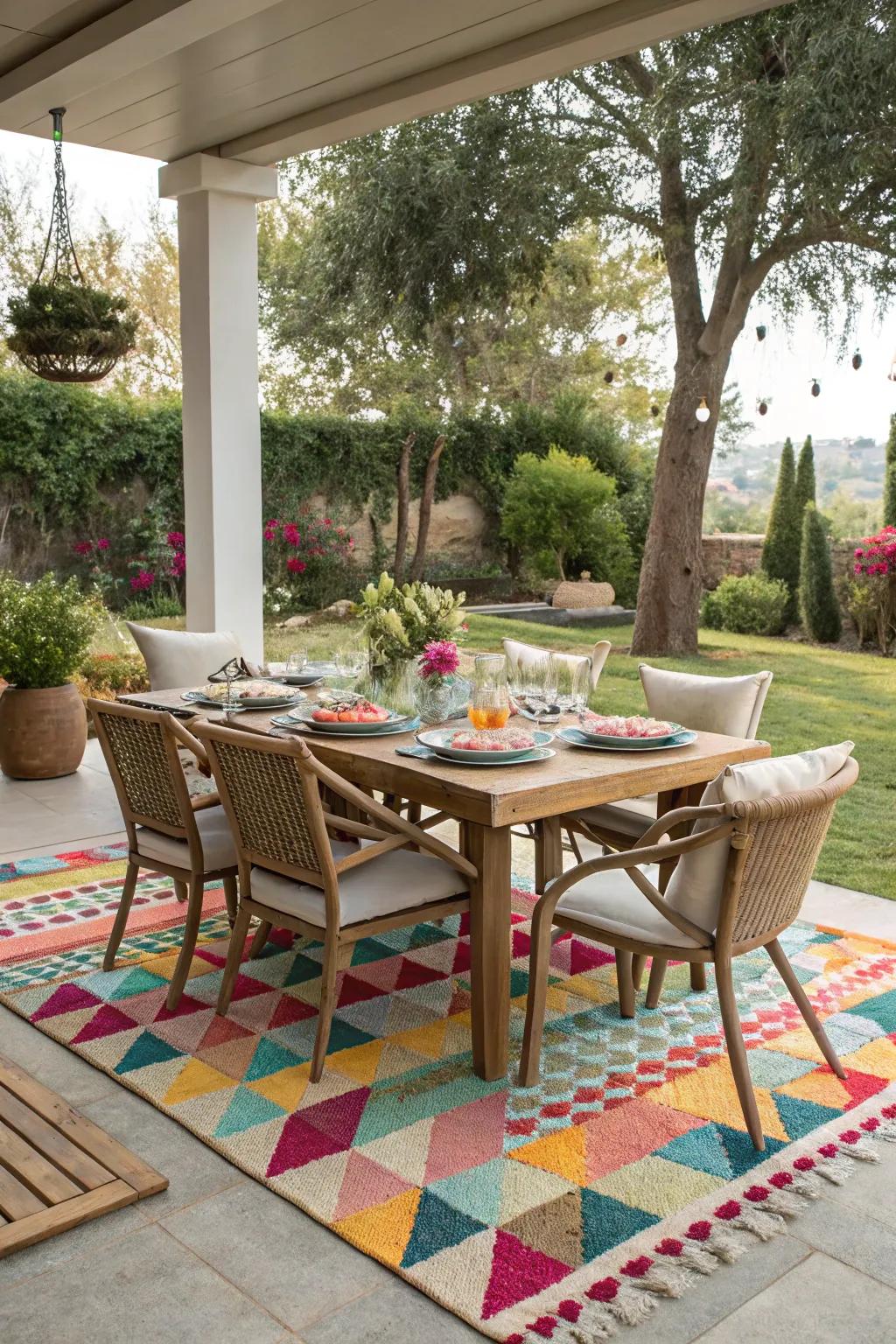 An outdoor rug adds comfort and style to your dining space.