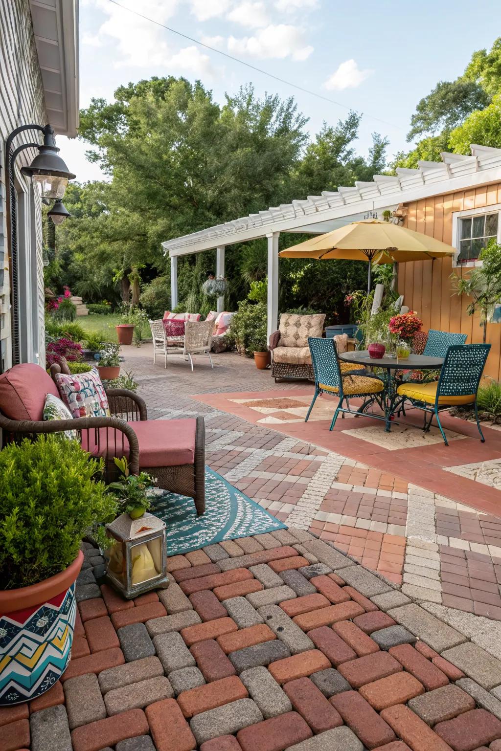 Mixing brick patterns adds playful personality to a patio.