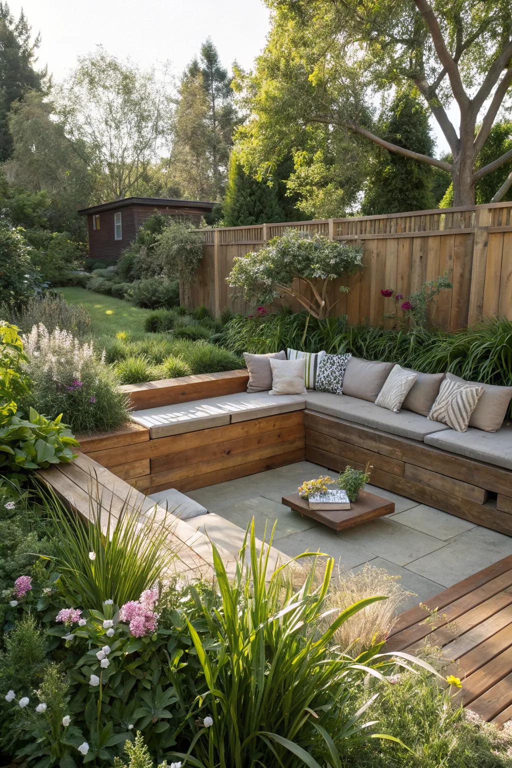 A sunken seating area offers a cozy escape.