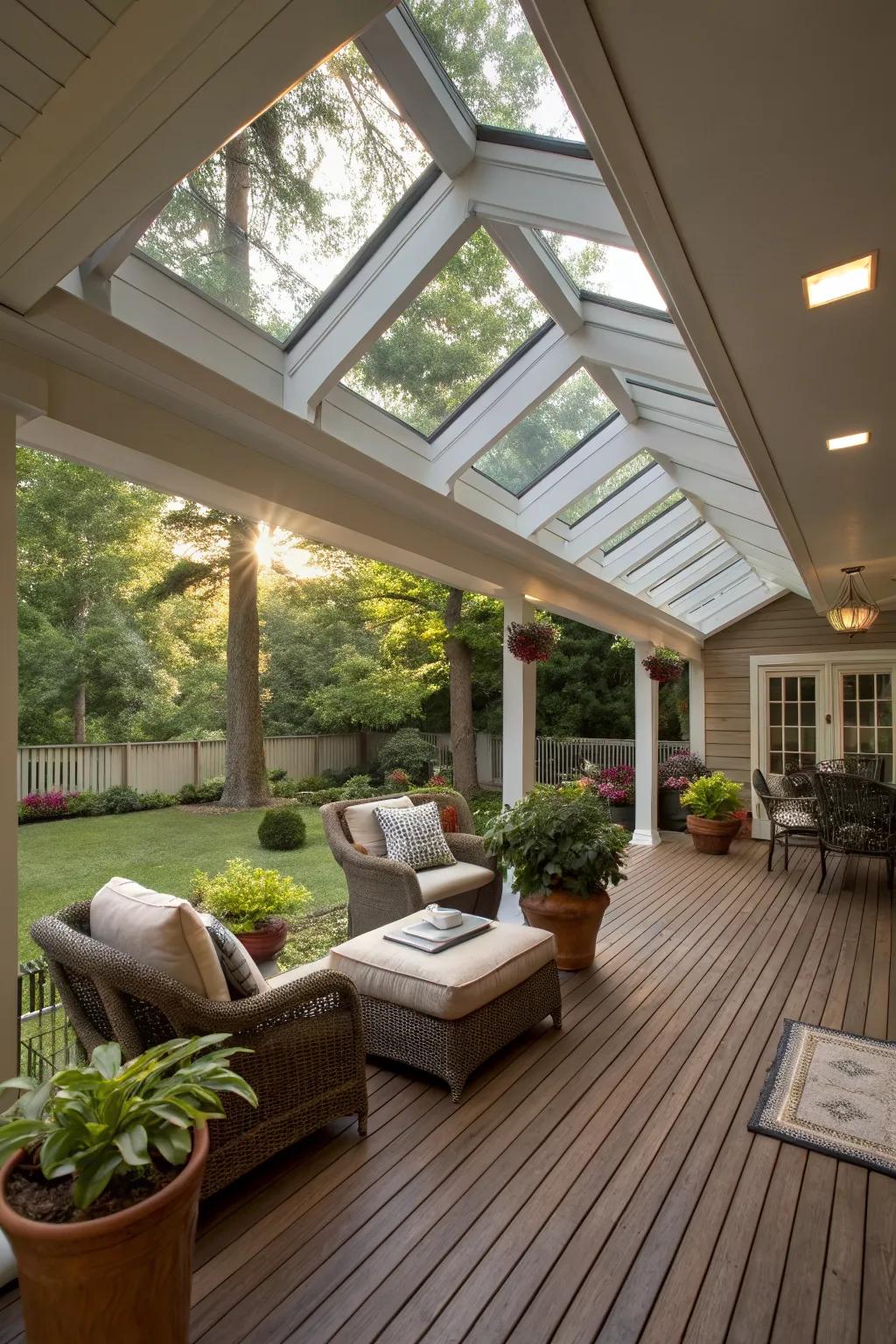 Skylights illuminating a covered porch with natural light.