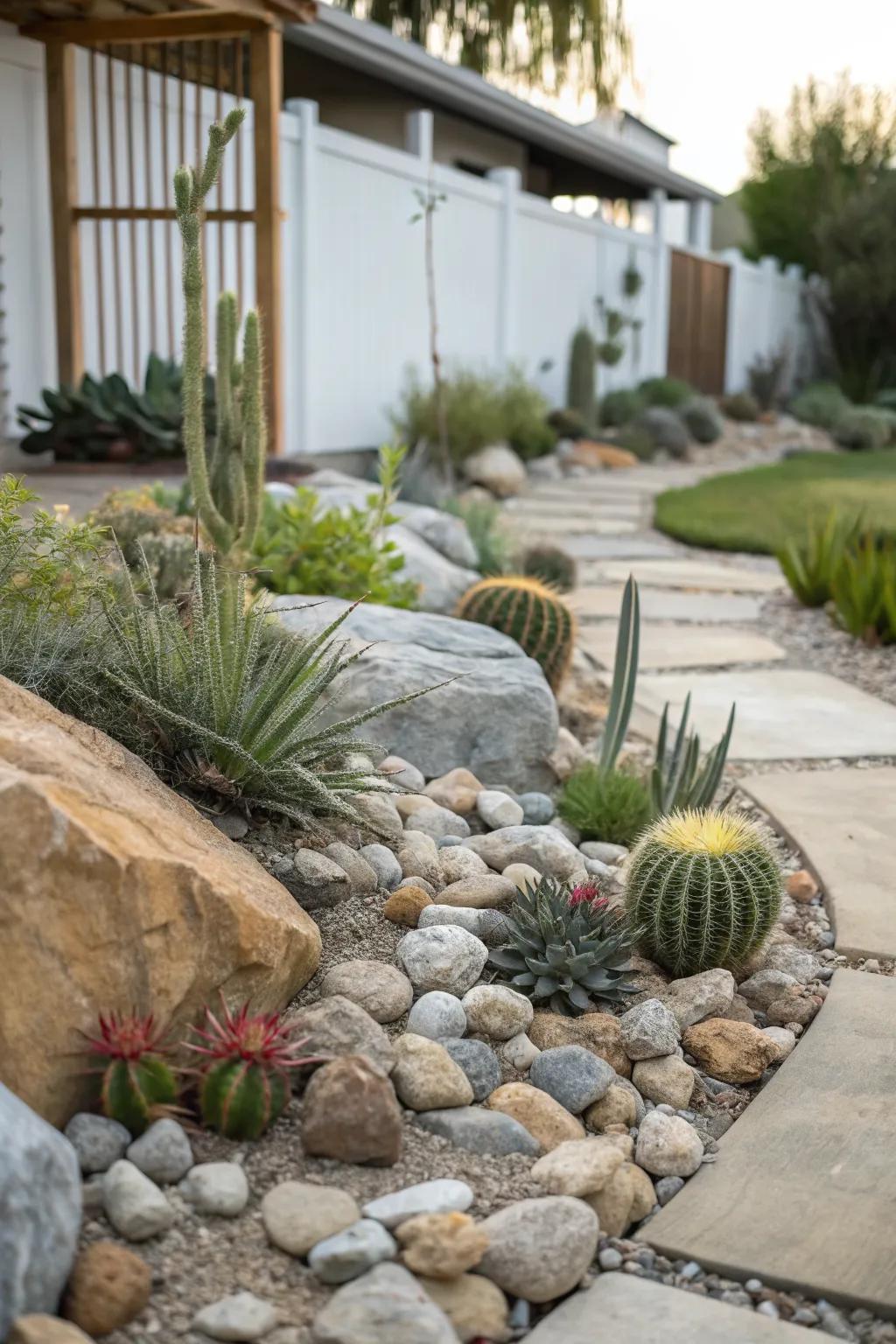 A rock garden offers a striking focal point in your desert landscape.