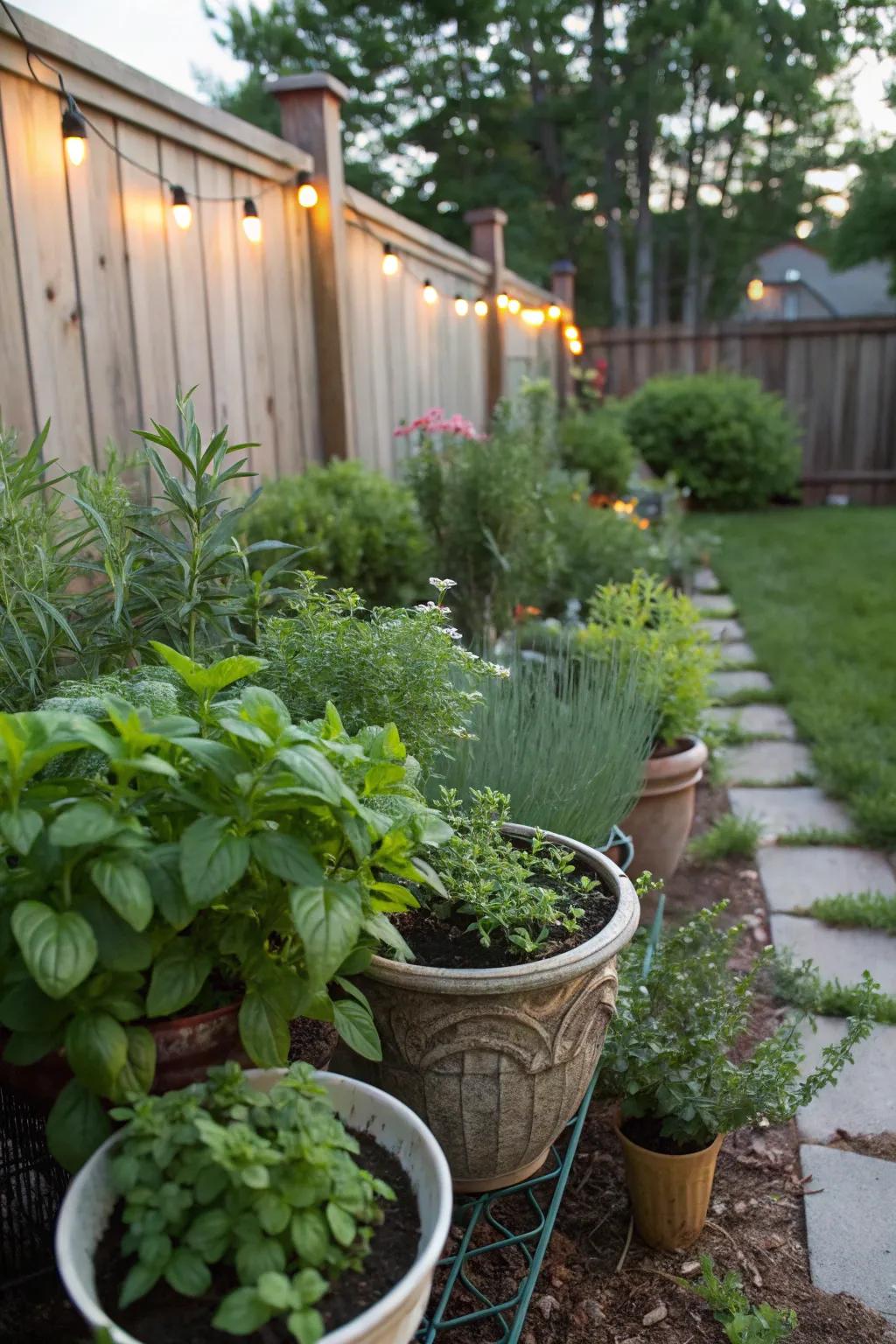 An herb garden provides fresh ingredients and a delightful aroma.