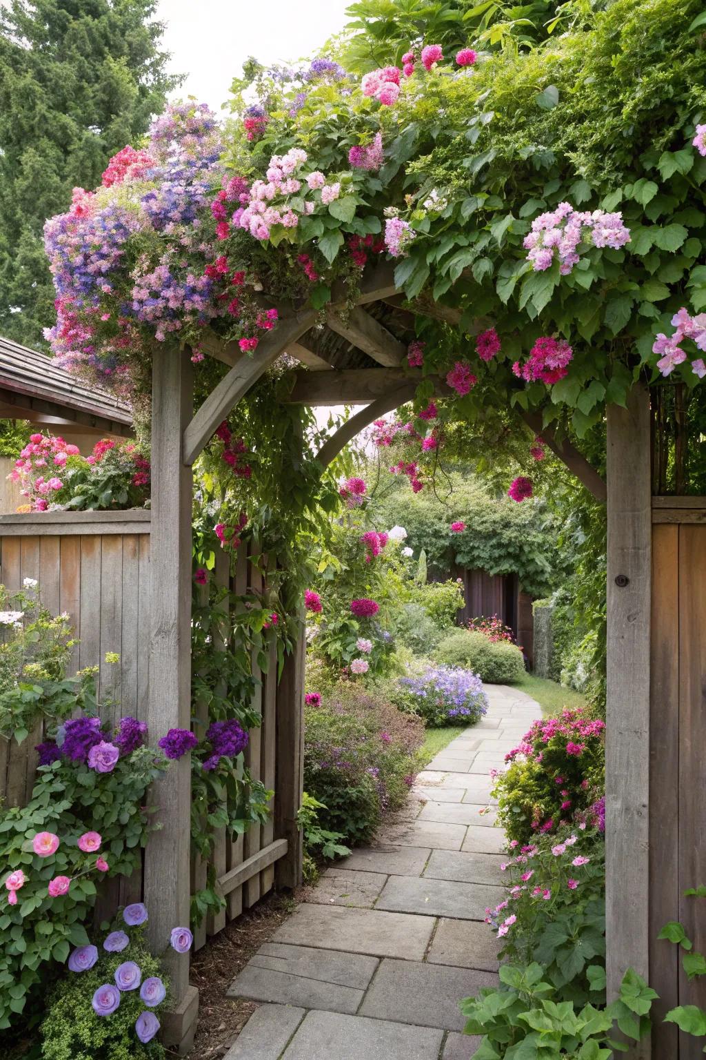 A blooming arbor with colorful flowers at a backyard entrance.