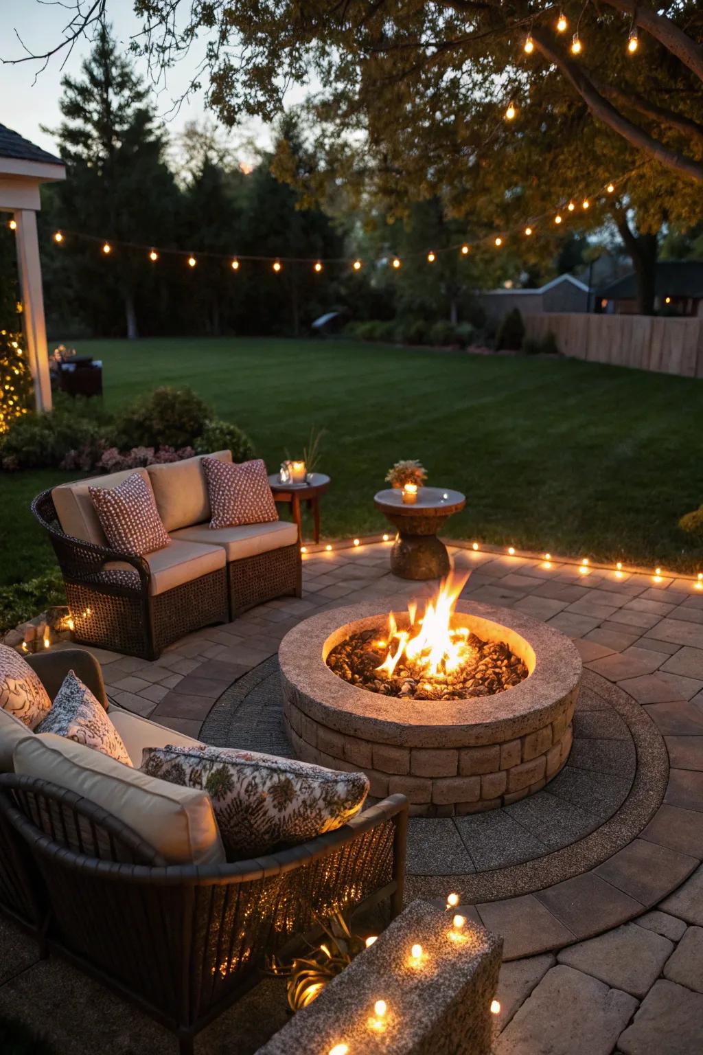 Built-in lighting around a fire pit creates an enchanting evening atmosphere.
