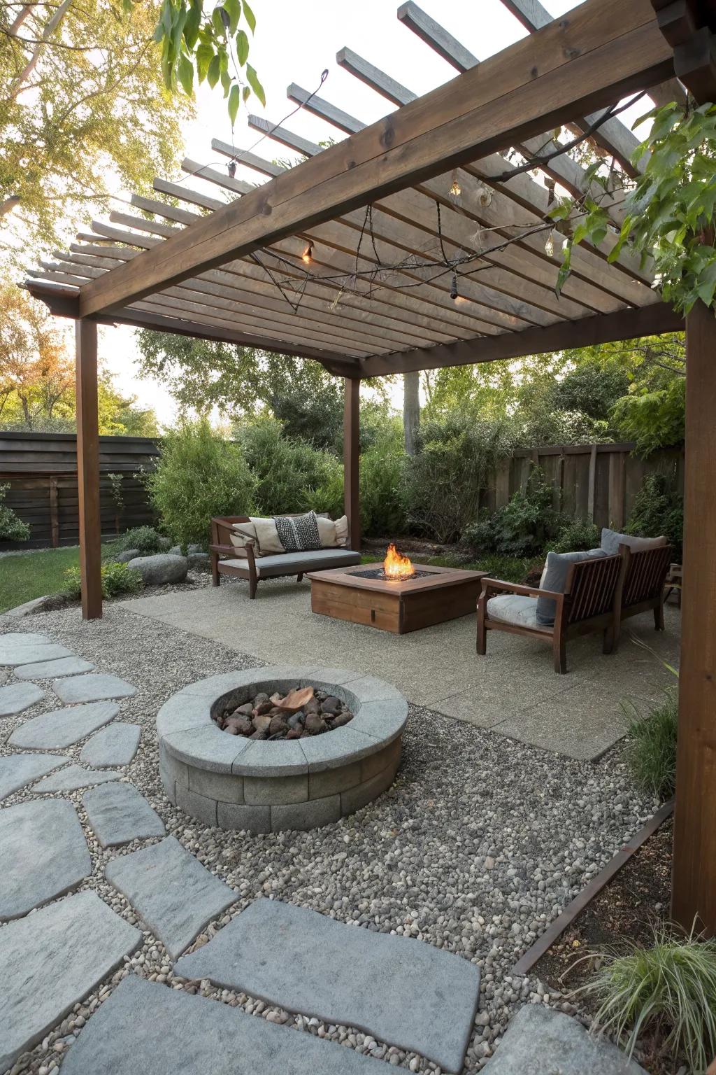 A pergola adds shade and style to your fire pit area.