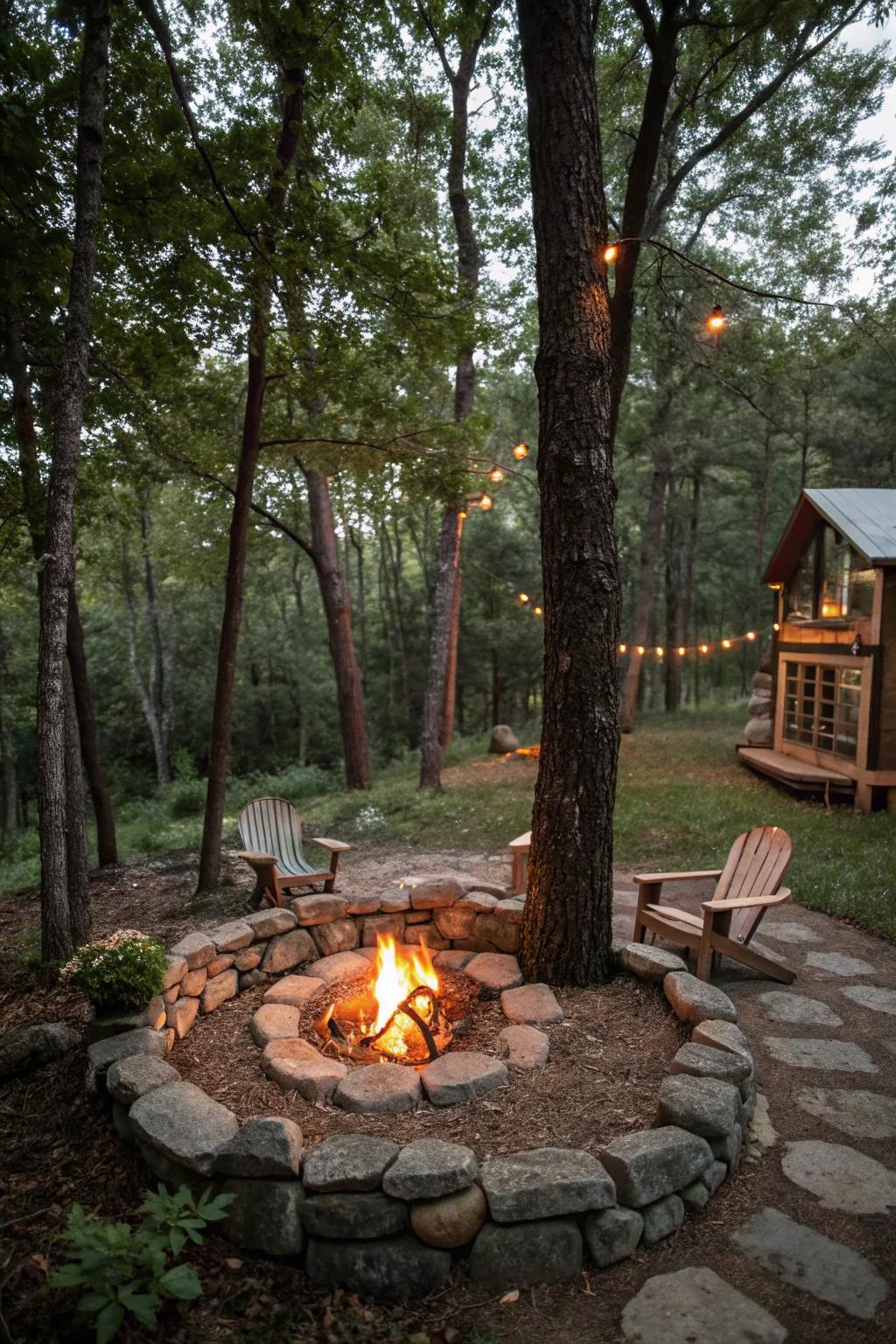 Forest lighting creates a magical, natural retreat.