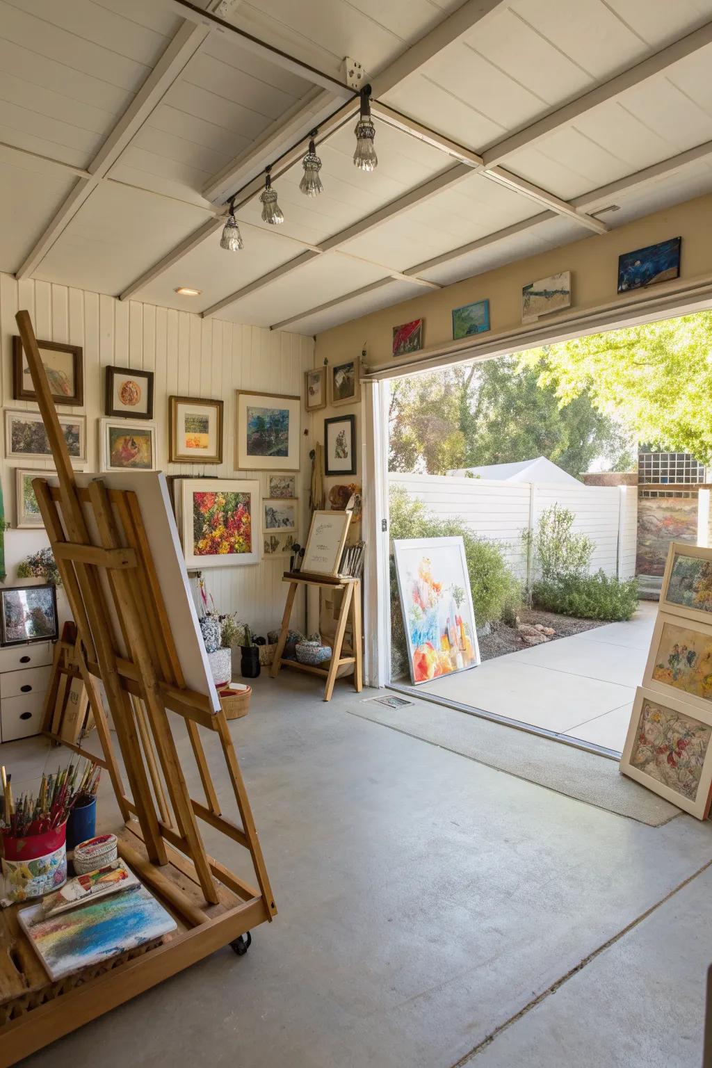 A backyard garage reimagined as a vibrant art studio.