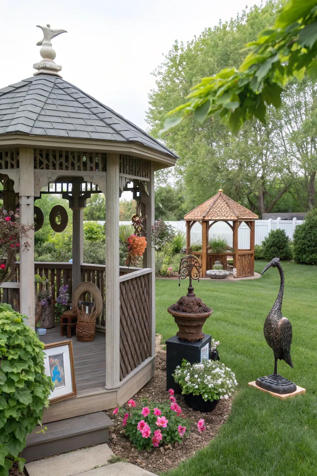 Outdoor art adds a creative and inspiring touch to this gazebo.