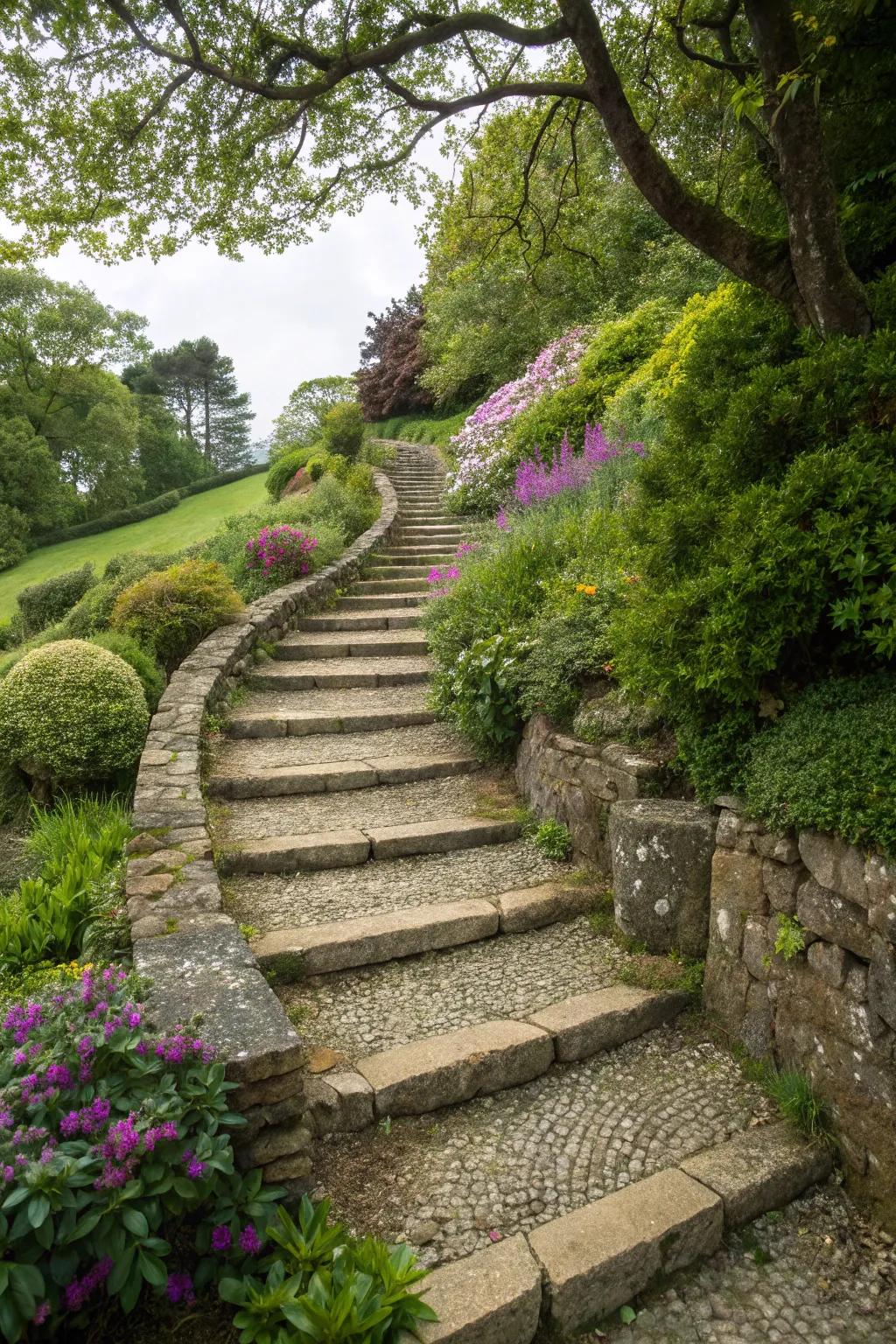 A gravel staircase adds functionality and style to sloped gardens.