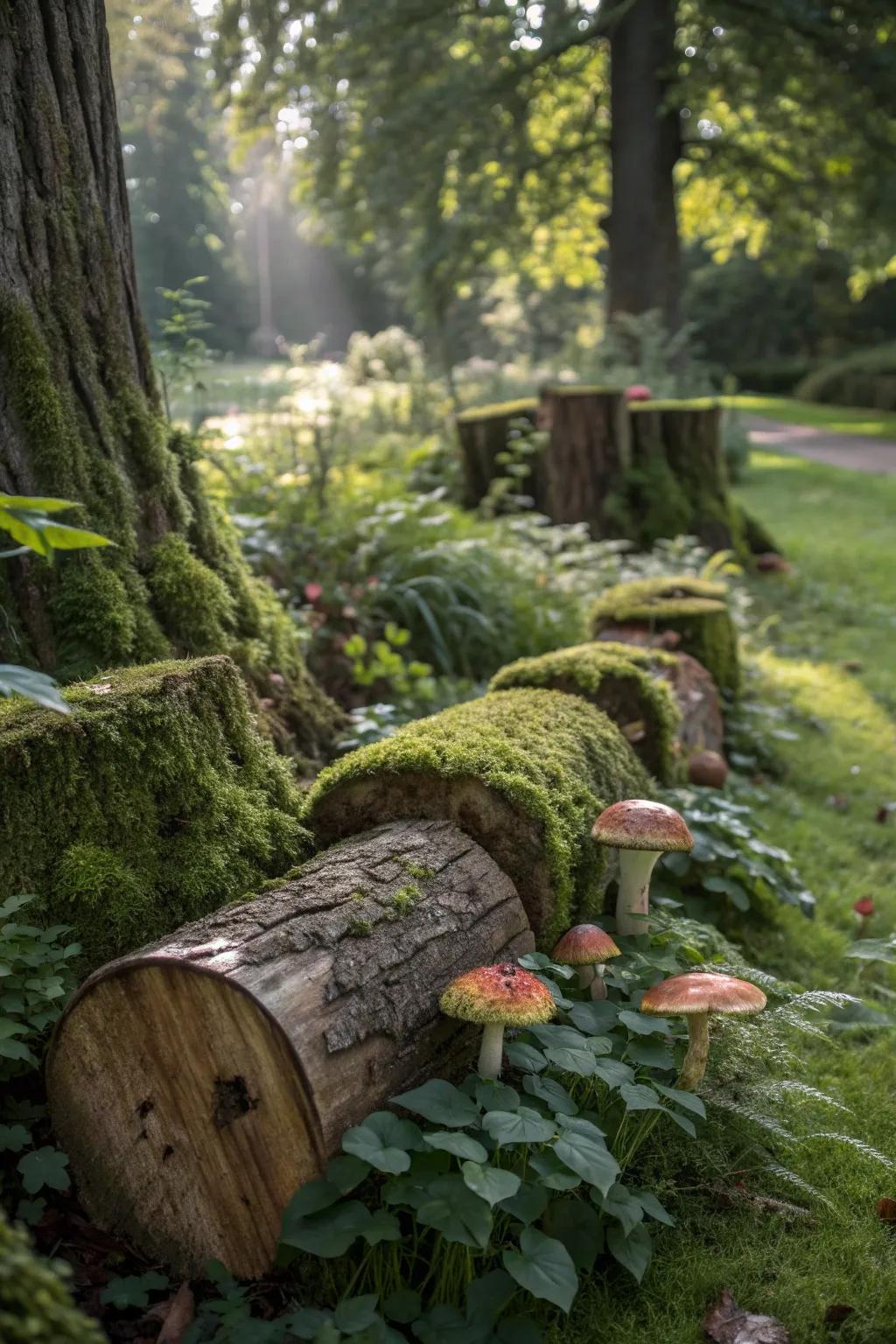 Mushrooms thriving on logs in a shady garden corner.